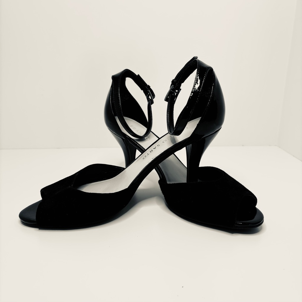 Franco Sarto Black Suede Patent Austin Peep Toe Ankle Strap Heel 6.5 D'Orsay